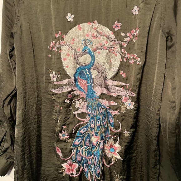 Zara Forest Green Button Down Embroidered Maxi Blouse Kimono. Size Small - Picture 5 of 15